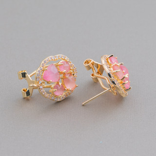 Brass Closed Stud Earring Base Flower with Cat's Eye Cabochon Set 16mm 5 Pairs Golden Fuchsia