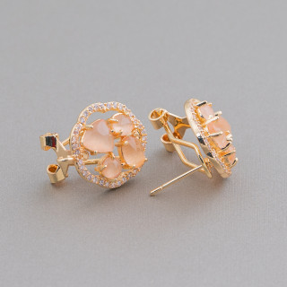 Cabochon Oeil de Chat Ensemble Fleur Laiton Boucles d'Oreilles Clou Base 16mm 5 Paires Pêche Doré