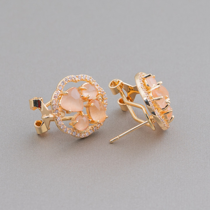 Brass Closed Stud Earring Base Flower with Cat's Eye Cabochon Set 16mm 5 Pairs Peach Gold