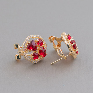 Juego de cabujones de ojo de gato Flor Pendientes de botón de latón Base 16 mm 5 pares Rojo dorado