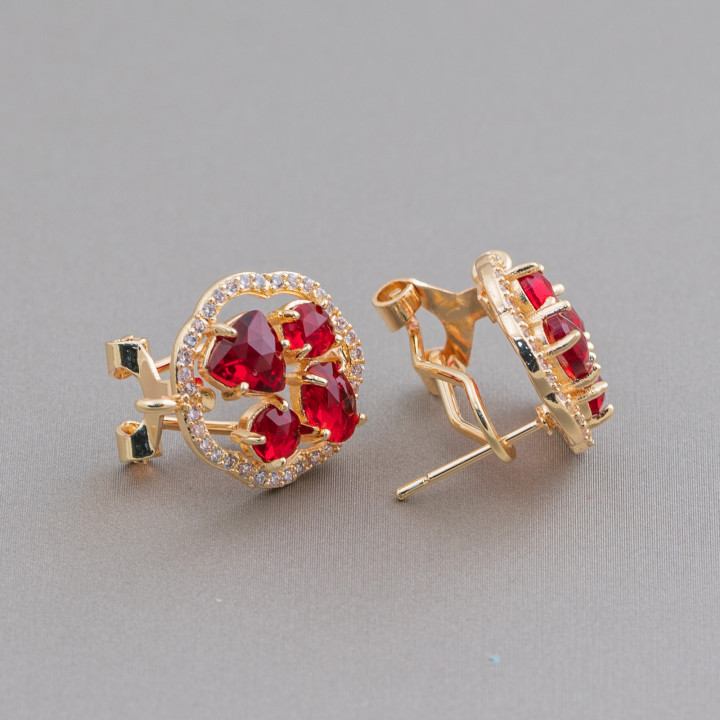 Brass Closed Stud Earring Base Flower with Cat's Eye Cabochon Set 16mm 5 Pairs Red Golden