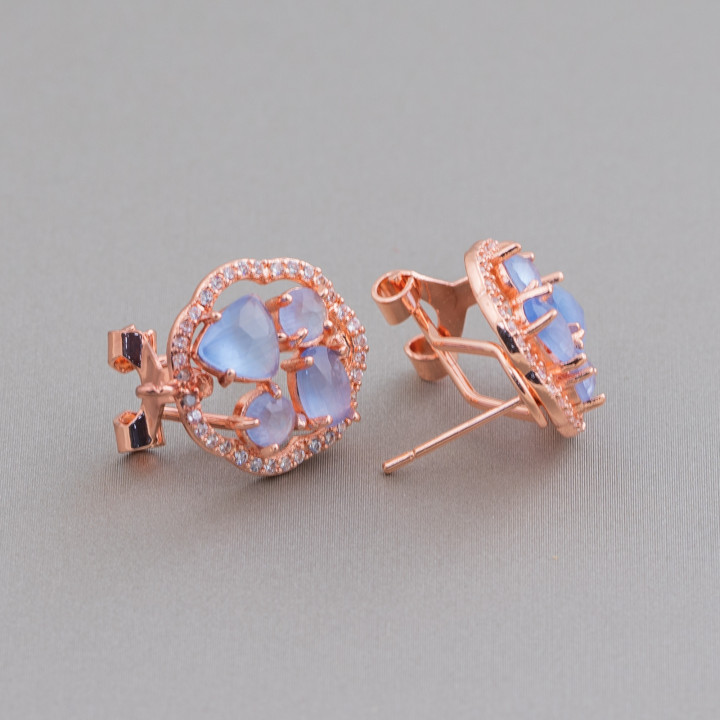 Boucles d'Oreilles Fleur Fermées Broche Laiton Base Avec Cabochon Oeil de Chat 16mm 5 Paires Or Rose Bleu Clair