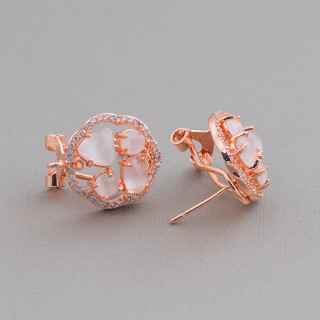 Brass Closed Stud Earring Base Flower with Cat's Eye Cabochon Set 16mm 5 Pairs White Rose Gold