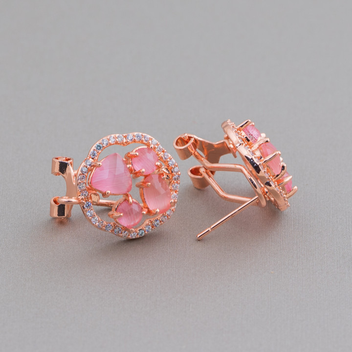 Pendientes de tuerca de latón con alfiler cerrado con flor, base con cabujón de ojo de gato, 16 mm, 5 pares, oro rosa, fucsia