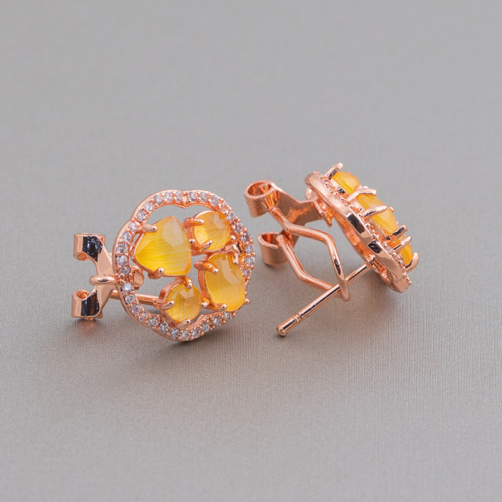 Juego de cabujones de ojo de gato Flor Pendientes de botón de latón Base 16 mm 5 pares Oro rosa Amarillo