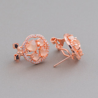 Juego de cabujones de ojo de gato Flor Pendientes de botón de latón Base 16 mm 5 pares Oro rosa Melocotón