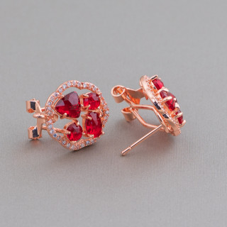 Juego de cabujones de ojo de gato Flor Pendientes de botón de latón Base 16 mm 5 pares Oro rosa Rojo