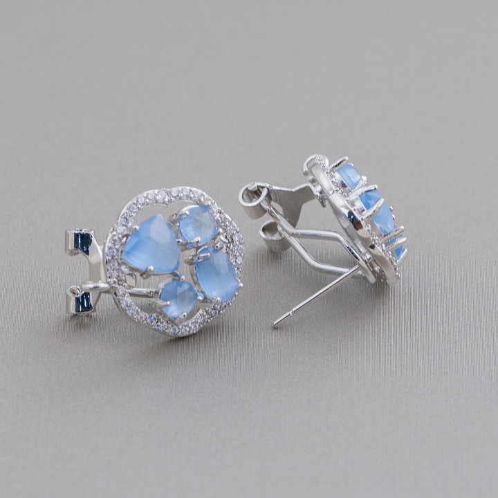 Brass Closed Stud Earring Base Flower with Cat's Eye Cabochon Set 16mm 5 Pairs Rhodium Plated Light Blue