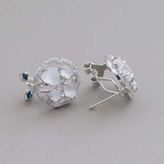 Brass Closed Stud Earring Base Flower with Cat's Eye Cabochon Set 16mm 5 Pairs White Rhodium Plated