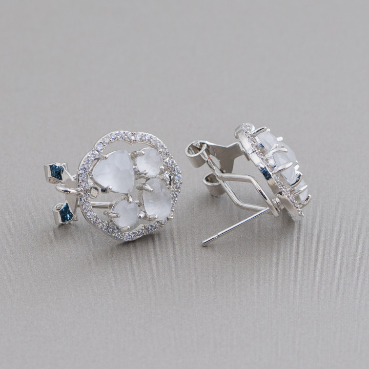 Boucles d'Oreilles Clous Fleur Fermée Laiton Base Avec Cabochon Oeil de Chat 16mm 5 Paires Plaqué Rhodium Blanc