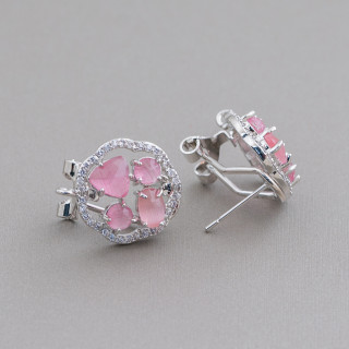 Brass Earring Base Closed Stud Flower with Cat's Eye Cabochon Set 16mm 5 Pairs Rhodium Plated Fuchsia