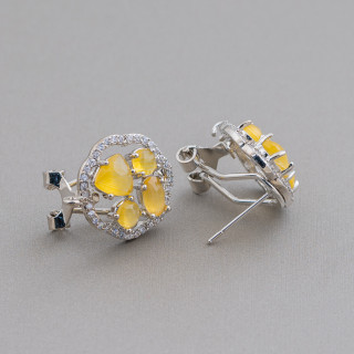 Boucles d'Oreilles Clous en Laiton Broche Fermée Fleur Avec Cabochon Oeil de Chat 16mm 5 Paires Plaqué Rhodium