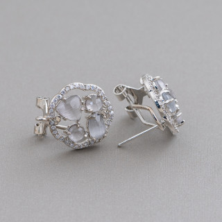 Boucles d'Oreilles Clous Fleur Fermée Laiton Base Avec Cabochon Oeil de Chat 16mm 5 Paires Gris Rhodium