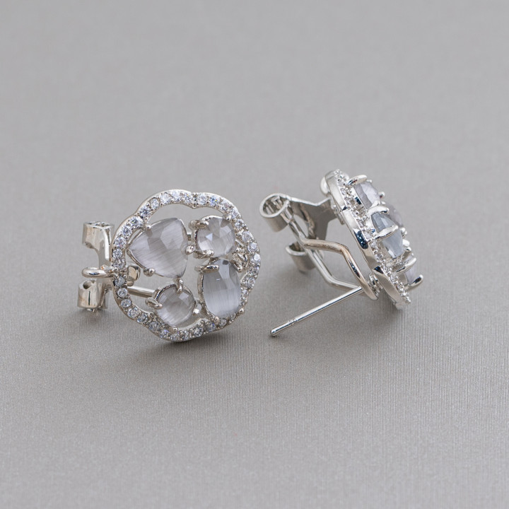 Boucles d'Oreilles Clous Fleur Fermée Laiton Base Avec Cabochon Oeil de Chat 16mm 5 Paires Gris Rhodium