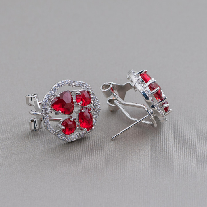 Boucles d'Oreilles Tige Fermée Fleur Laiton Base Avec Cabochon Oeil de Chat 16mm 5 Paires Rhodium Rouge