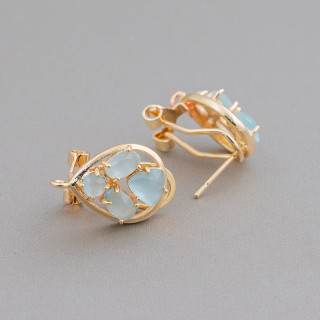 Ορειχάλκινο Σκουλαρίκι Βάση Κλειστό Stud Drop με Cat's Eye Cabochon Σετ 13x16mm 5 Ζεύγη Χρυσό Μπλε