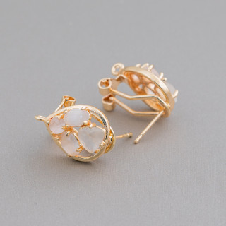 Brass Earring Base Closed Stud Drop with Cat's Eye Cabochon Set 13x16mm 5 Pairs White Golden