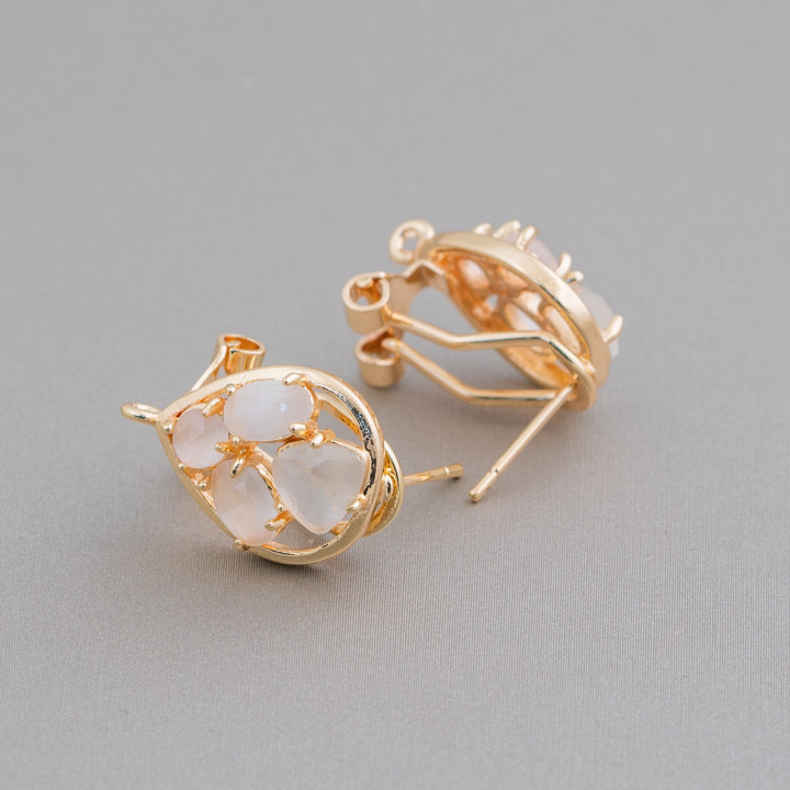 Brass Earring Base Closed Stud Drop with Cat's Eye Cabochon Set 13x16mm 5 Pairs White Golden