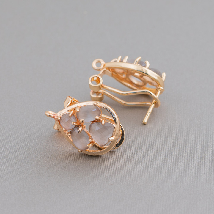 Ορειχάλκινο Σκουλαρίκι Βάση Κλειστό Stud Drop με Cat's Eye Cabochon Σετ 13x16mm 5 Ζεύγη Χρυσό Γκρι