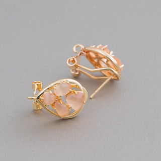 Brass Earring Base Closed Stud Drop with Cat's Eye Cabochon Set 13x16mm 5 Pairs Gold Peach