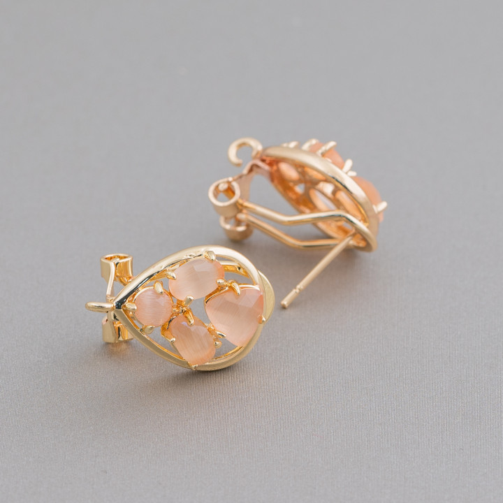 Brass Earring Base Closed Stud Drop with Cat's Eye Cabochon Set 13x16mm 5 Pairs Gold Peach