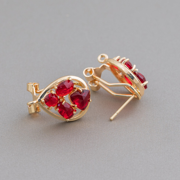 Base Per Orecchini Di Ottone A Perno Chiuso Goccia Con Cabochon Di Occhi Di Gatto Incastonati 13x16mm 5 Paia Dorato Rosso