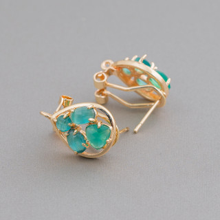 Brass Earring Base Closed Stud Drop with Cat's Eye Cabochon Set 13x16mm 5 Pairs Golden Green