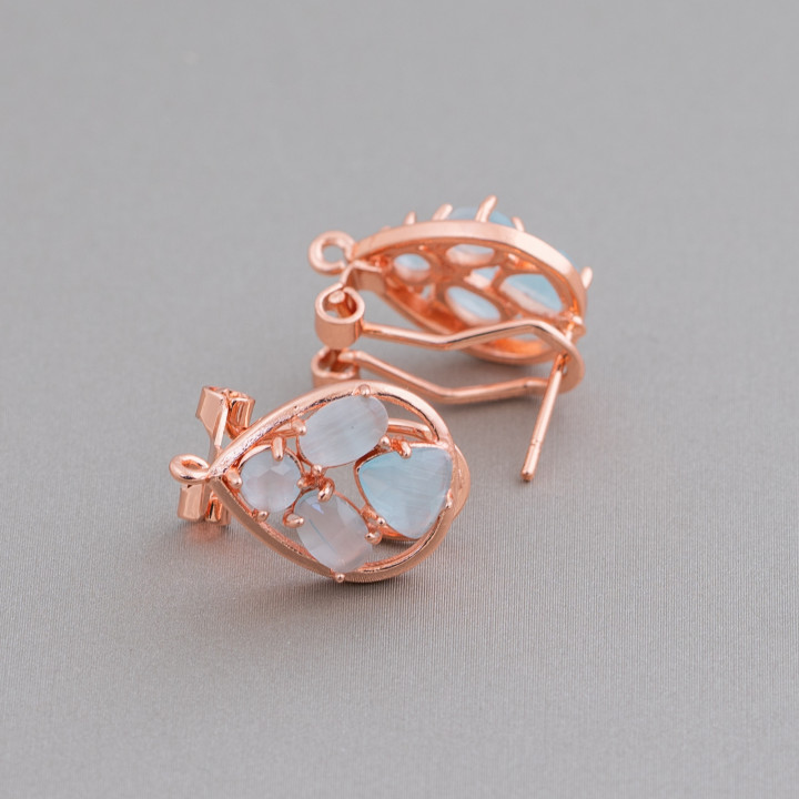 Base Per Orecchini Di Ottone A Perno Chiuso Goccia Con Cabochon Di Occhi Di Gatto Incastonati 13x16mm 5 Paia Oro Rosa Azzurro