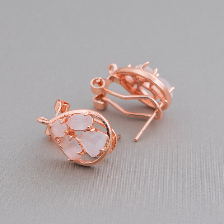 Brass Earring Base Closed Stud Drop with Cat's Eye Cabochon Set 13x16mm 5 Pairs Rose Gold White