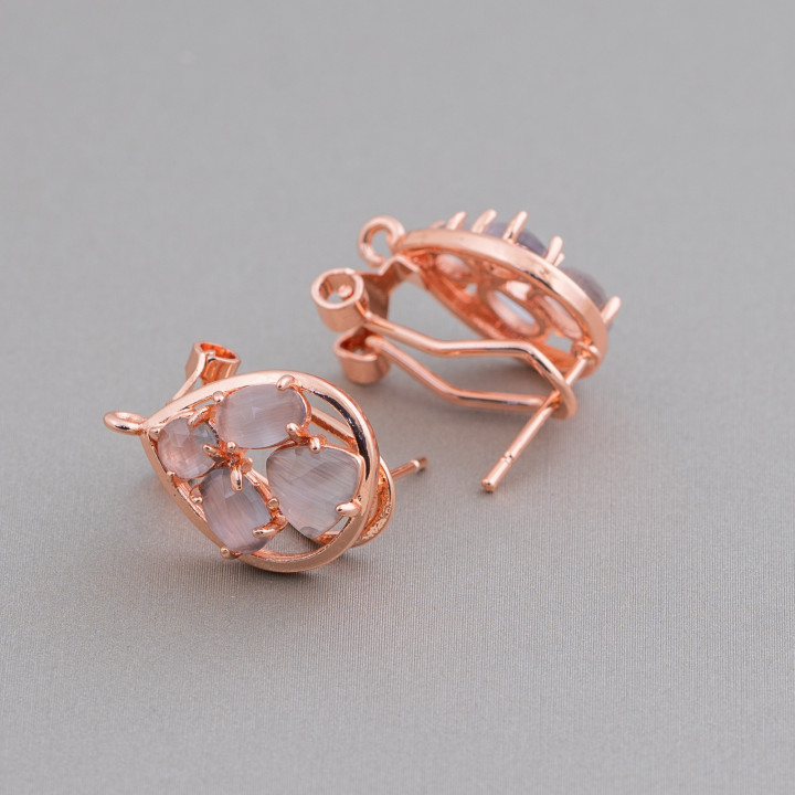 Brass Earring Base Closed Stud Drop with Cat's Eye Cabochon Set 13x16mm 5 Pairs Rose Gold Gray