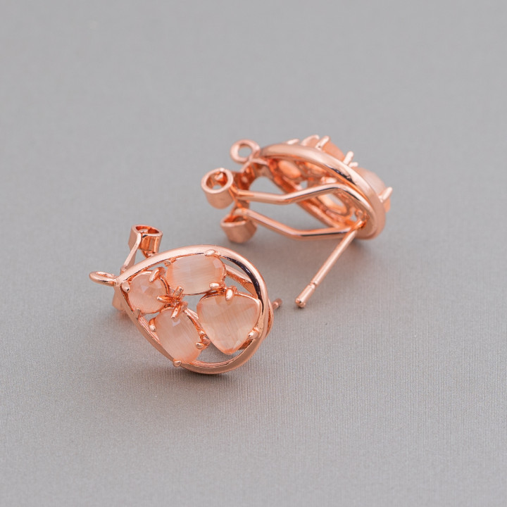 Brass Closed Stud Earring Base Drop with Cat's Eye Cabochon Set 13x16mm 5 Pairs Rose Gold Peach