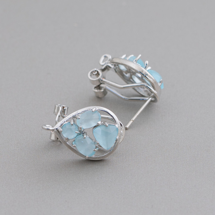 Ορειχάλκινο Σκουλαρίκι Βάση Κλειστό Stud Drop με Cat's Eye Cabochon Σετ 13x16mm 5 ζεύγη ρόδιο επιμεταλλωμένο Aqua