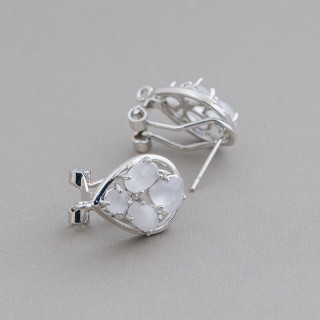 Base Per Orecchini Di Ottone A Perno Chiuso Goccia Con Cabochon Di Occhi Di Gatto Incastonati 13x16mm 5 Paia Rodiato Bianco