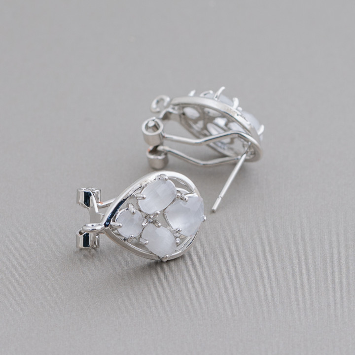 Base Per Orecchini Di Ottone A Perno Chiuso Goccia Con Cabochon Di Occhi Di Gatto Incastonati 13x16mm 5 Paia Rodiato Bianco