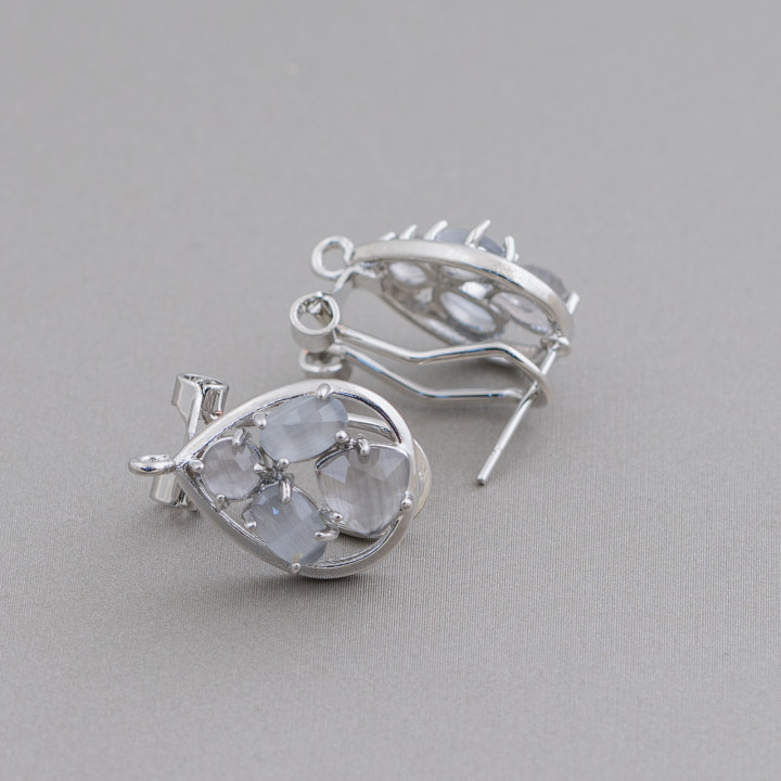 Base Per Orecchini Di Ottone A Perno Chiuso Goccia Con Cabochon Di Occhi Di Gatto Incastonati 13x16mm 5 Paia Rodiato Grigio