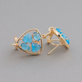 Brass Stud Earring Base Closed Pick with Cat's Eye Cabochon Set 16.5mm 5 Pairs Golden Blue