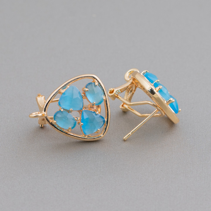 Brass Stud Earring Base Closed Pick with Cat's Eye Cabochon Set 16.5mm 5 Pairs Golden Blue