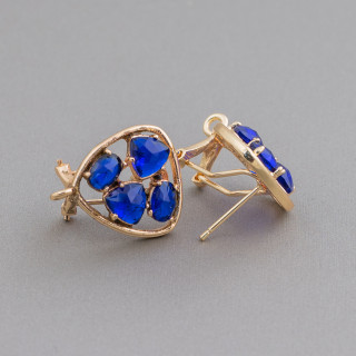 Base Per Orecchini Di Ottone A Perno Chiuso Plettro Con Cabochon Di Occhi Di Gatto Incastonati 16,5mm 5 Paia Dorato Blu