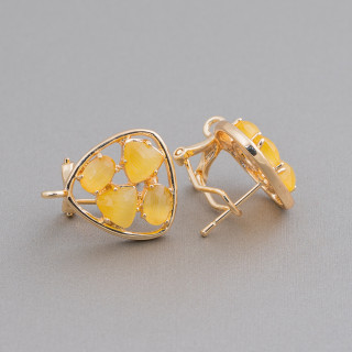 Brass Stud Earring Base Closed Pick with Cat's Eye Cabochon Set 16.5mm 5 Pairs Yellow Gold