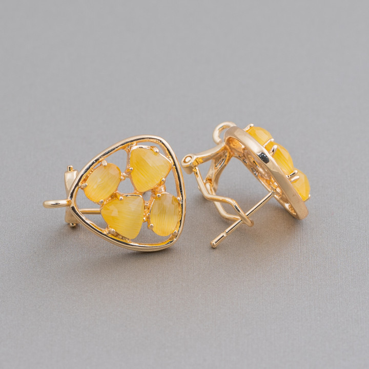 Brass Stud Earring Base Closed Pick with Cat's Eye Cabochon Set 16.5mm 5 Pairs Yellow Gold