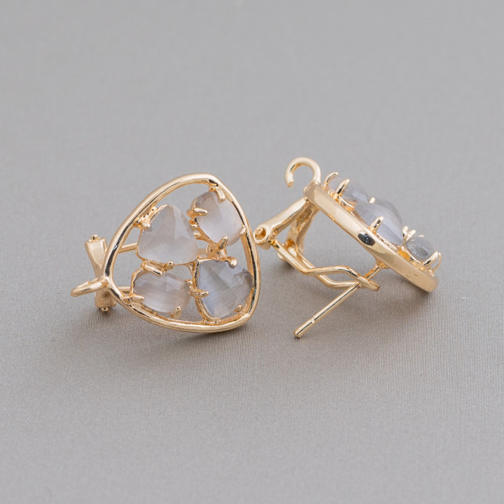 Ohrstecker aus Messing mit geschlossenem Stift, Basis Plektrum, mit Katzenaugen-Cabochon, 16,5 mm, 5 Paar, goldgrau