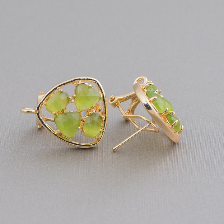 Brass Stud Earring Base Closed Pick with Cat's Eye Cabochon Set 16.5mm 5 Pairs Acid Green Gold