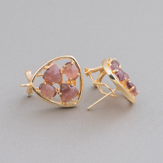 Boucles D'Oreilles Clous Fermées Laiton Base Plectre Avec Set Cabochons Oeil De Chat 16.5mm 5 Paires Dorées Bordeaux