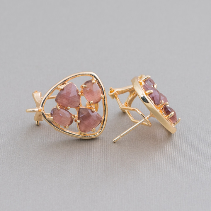 Brass Earring Base Closed Stud Pick with Cat's Eye Cabochon Set 16.5mm 5 Pairs Golden Grape