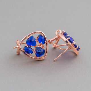 Brass Stud Earring Base Closed Pick with Cat's Eye Cabochon Set 16.5mm 5 Pairs Rose Gold Blue