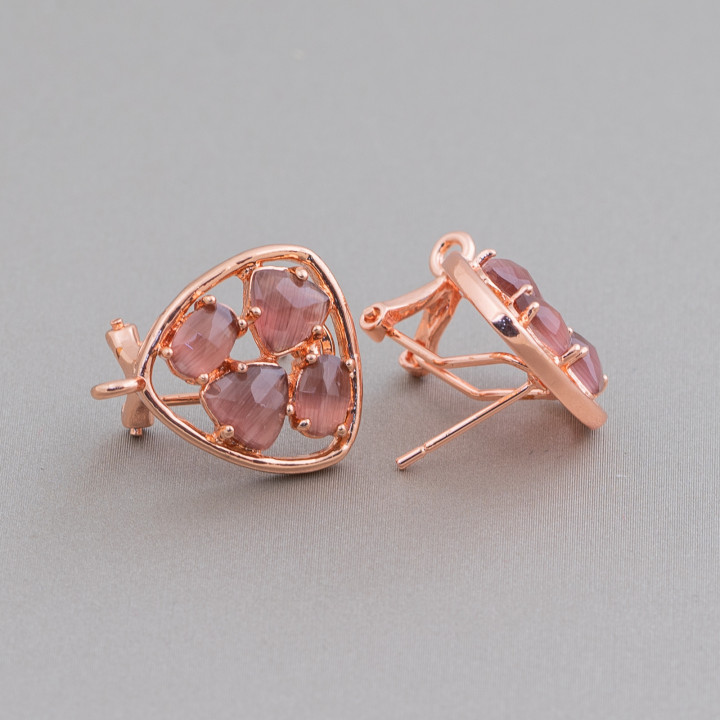 Boucles d'Oreilles Clous Laiton Broche Fermée Base Plectre Avec Cabochon Oeil de Chat 16.5mm 5 Paires Or Rose Bordeaux