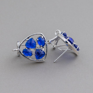 Brass Earring Base Closed Stud Pick with Cat's Eye Cabochon Set 16.5mm 5 Pairs Rhodium Plated Blue