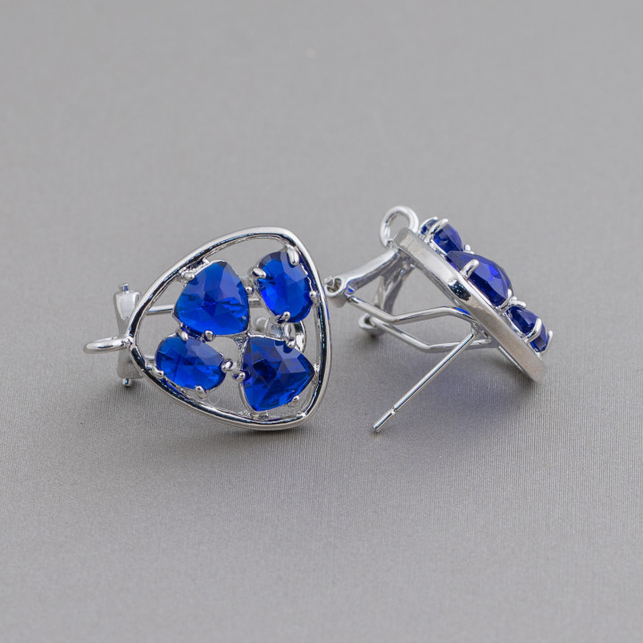 Broche Fermée Boucles D'Oreilles En Laiton Socle Plectre Avec Set Cat Eye Cabochons 16.5mm 5 Paires Plaqué Rhodium Bleu