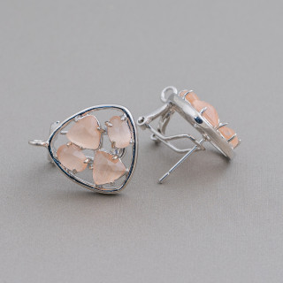 Boucles d'Oreilles Clous Fermés Laiton Base Plectre Avec Set Cat Eye Cabochons 16.5mm 5 Paires Plaqué Rhodium Pêche