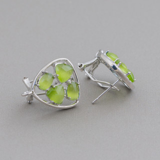 Messing-Ohrringe mit geschlossenem Stift, Basis Plektrum, mit Katzenaugen-Cabochons, 16,5 mm, 5 Paar, Rhodiumsäuregrün